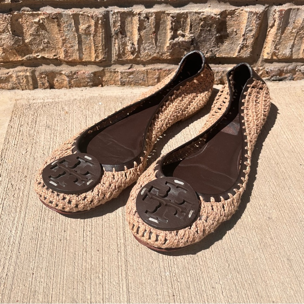 Tory Burch Size 10 Crochet Woven Leather Slip On Ballet Flats Sandals - Picture 3 of 7